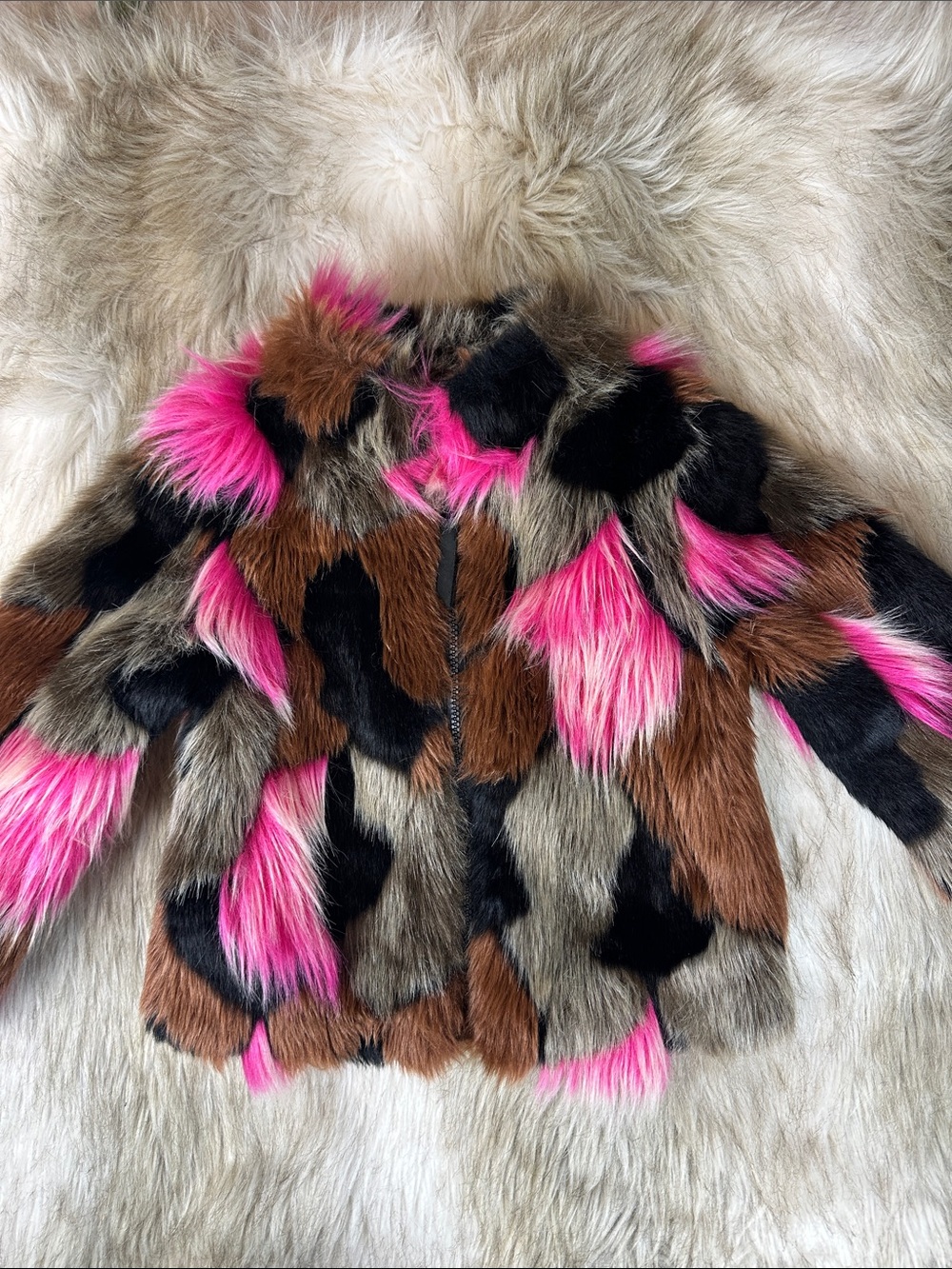 Imoga Greta Multicolor Faux Fur Jacket Pink Black Brown Size 6